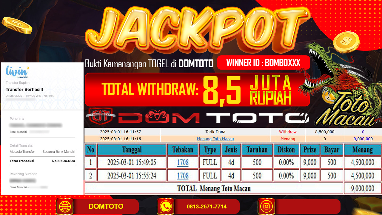 JACKPOT TOGEL TOTOMACAU 4D  1 MARET 2025